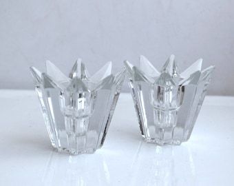 Vintage Set of 2 Cut Clear Glass Star Candle Stick Holder Votive MCM Mid Century Modern Pottery European Germany Table Wedding Gift Decor