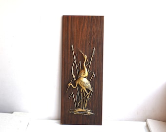 Vintage Wood Brass Lake Bird Animal Wall Hanging European Mid Century Modern Home Decor Relief Picture Panel Embossed Plaque Art