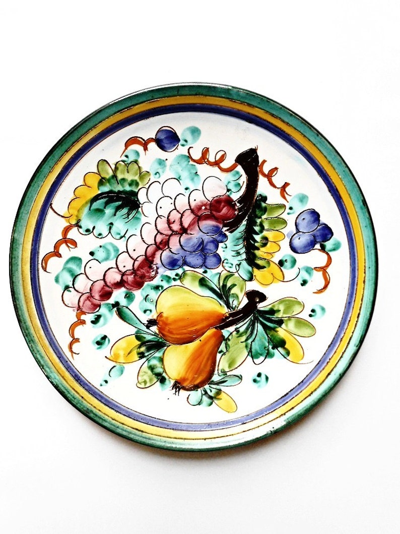 Vintage Italian Ceramic Wall Plate Hanging MCM Mid Century Italy Art Hand Painted European Pottery Home Decor Green Grape Fruits Rustic Bowl image 4