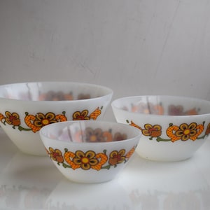 Vintage Set of 3 Schott Mainz Jena Glass Milk Glass Bowl Plate Dish Germany European Table Decor Orange Brown Floral Pattern