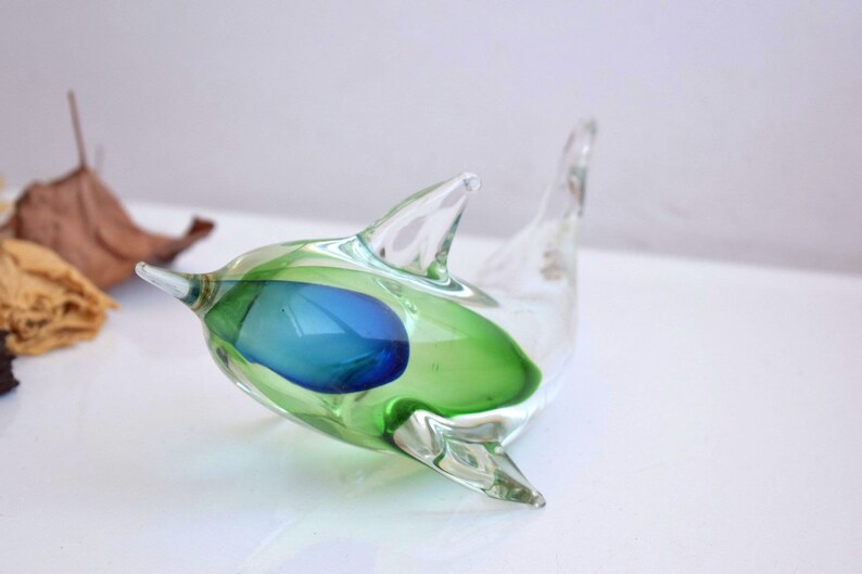 Vintage Fish Dolphin Green Clear Glass Figurine Statue Sculpture Paperweight Crystal Art Mouth Blown Art Home Decor European Family Gift