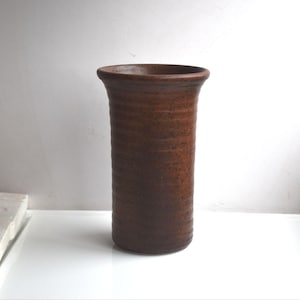 Vintage 10&quot; Stoneware Brown Vase Europe Germany Rustic Wine Cooler Chiller Studio Art Pottery Hand Painted Salt Glazed Ceramic Minimalist