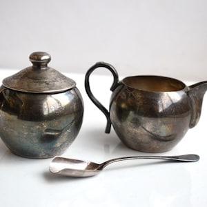 Vintage Set of 2 Schoeller Silver Plated Metal Creamer Sugar Bowl Spoon Tea Coffee Set MCM Pottery Germany European Kitchenware Cuttlery