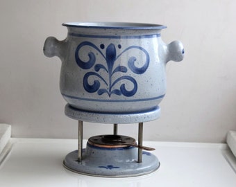 Vintage Enamel Cooking Pot Food Warmer Stand Fondue Set Handled Casserole Metal Trivet MCM Pottery Germany Blue Gray Serving Rustic