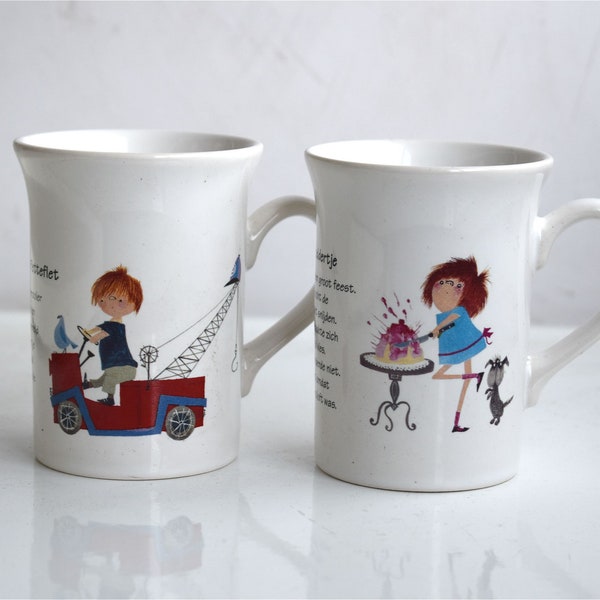 Vintage Set of 2 Annie M.G. Schmidt Fiep Westendorp Staffordshire Porcelain Tea Mug Coffee Large Cup MCM Collectible Pottery Drinkware