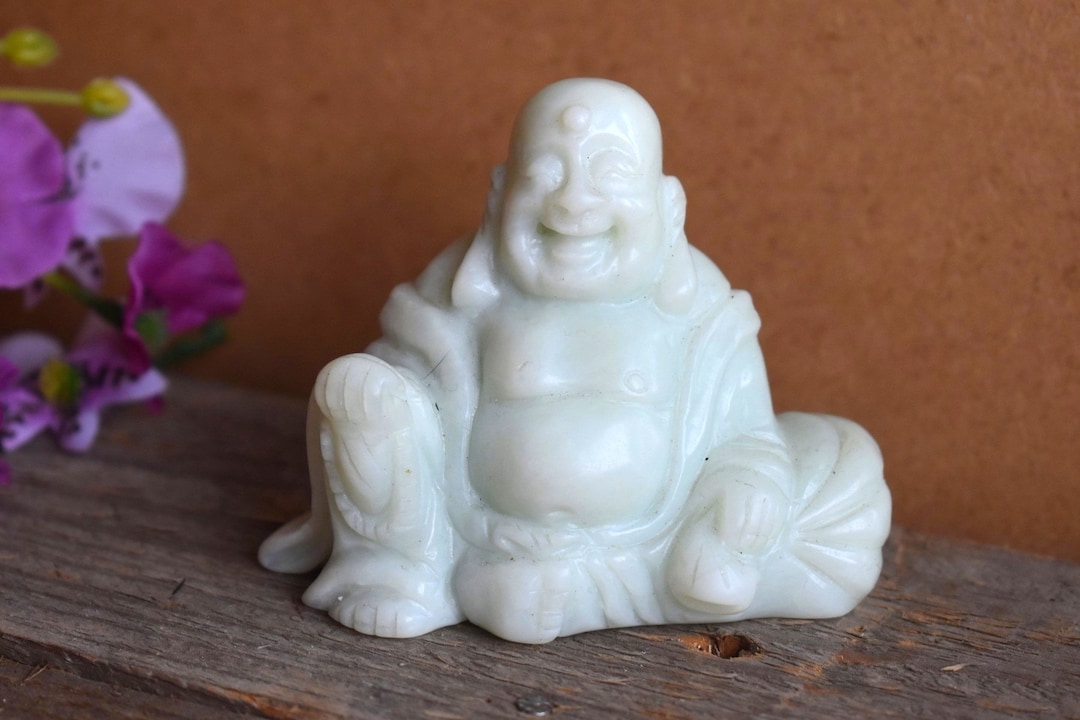 Jade Buddha Figurine Happy Laugh Nephrite Statue Natural Hand Carved Burma Burmese Gemstone Gem
