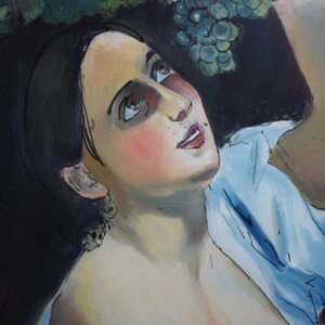 May include: A painting of a woman with dark hair and a blue shirt, reaching up to a bunch of green grapes.