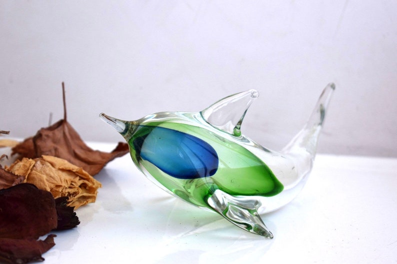 Vintage Fish Dolphin Green Clear Glass Figurine Statue Sculpture Paperweight Crystal Art Mouth Blown Art Home Decor European Family Gift