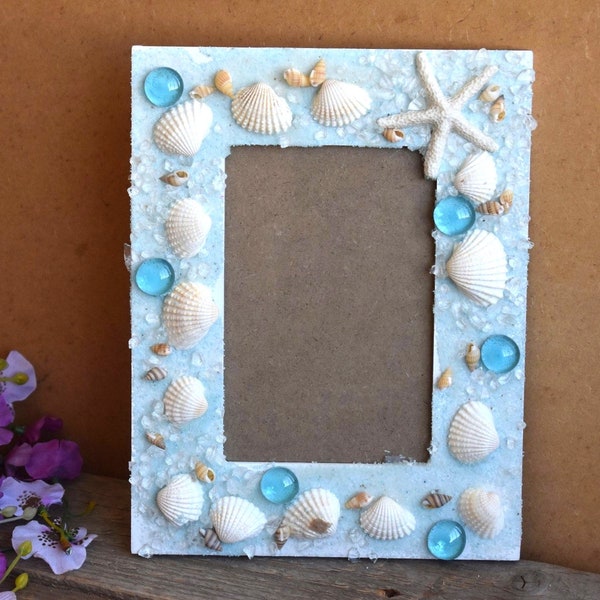 Seashell Incrusted Frame Photo Picture White Blue Sea Shell Coastal Beach Seaside Starfish Cottage Nautical Art Decor Family Wedding Gift