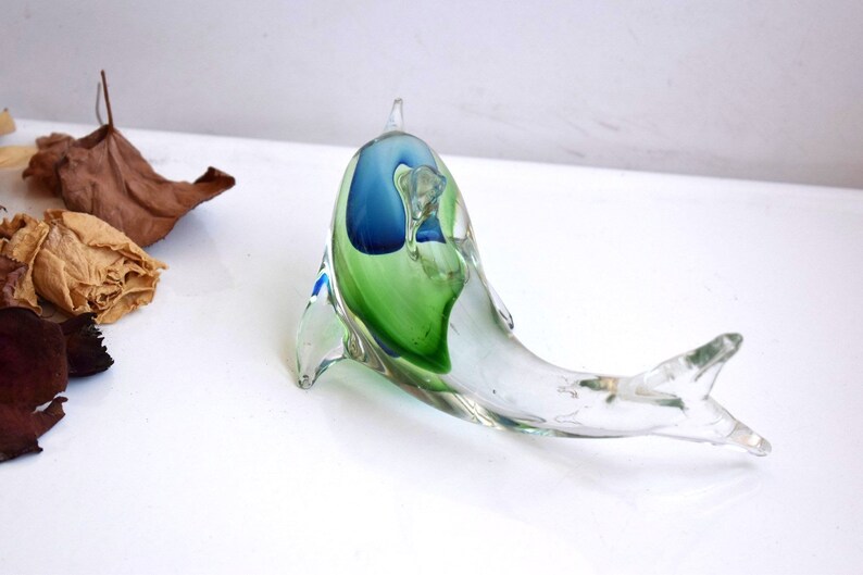Vintage Fish Dolphin Green Clear Glass Figurine Statue Sculpture Paperweight Crystal Art Mouth Blown Art Home Decor European Family Gift
