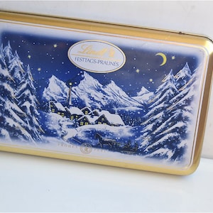Vintage Lindt Christmas Metal Tin Lidded Box Storage Tin Can Container Old Desk Organizer Kitchen Table Decor 2003 MCM