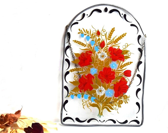 Vintage Stained Glass Wall Hanging Decor Hand Painted Rustic Etsy