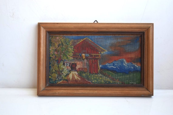 Vintage Nature Landscape Miniature Framed Oil Painting Picture Hand Painted Wall Hanging Decor European MCM Mid Century Modern Rustic Art