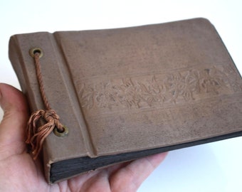 Vintage Small Photo Album Brown  Faux Leather Old Picture Organizer Storage Memory Book Embossed Relief Europe Mid Century Family Gift
