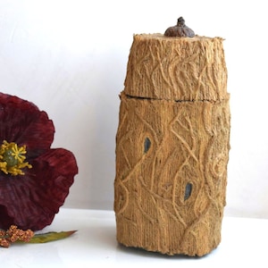 Può includere: Una scatola di legno cilindrica con un coperchio, realizzata con materiali naturali e con una superficie testurizzata simile alla corteccia. La scatola è chiusa e ha un piccolo pomo rotondo sul coperchio.