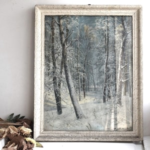 Pittura vintage Riproduzione Stampa stampata incorniciata foto immagine parete appeso Decoro Arte europea Metà secolo Inverno Foresta Alberi di neve