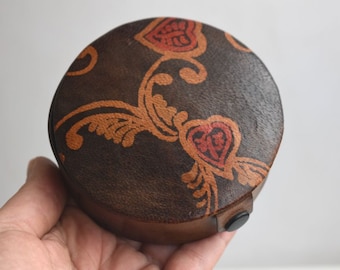 Vintage Genuine Leather Brown Flower Wooden Lidded Box Jewelry Trinket Round Storage MCM Ring Dish Bowl Indonesian Asian European Pottery