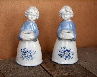Vintage Set 2 Candelabra Women Porcelain Ceramic Mid Century 1950 Candle Light Holder White Blue Painted Lighting Home Decor Candlestick