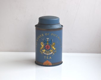 Jacksons vintage di Piccadilly Blue Tea Caddy Scatola in metallo con coperchio in metallo, barattolo di latta, contenitore, vecchio organizzatore da scrivania, tavolo da cucina, arredamento MCM