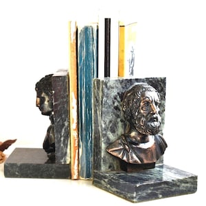 Vintage Rare Green Marble Bookends Greek God Hermes Homer Bust Sculpture Statue Figurine Stone Gemstone European Art Desk Table Decor