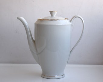 vintage 1.5 L Cmielow Porcelaine Blanche Théière Théière Or Jante MCM Milieu du Siècle Poterie Moderne Pologne Ustensiles de cuisine européens