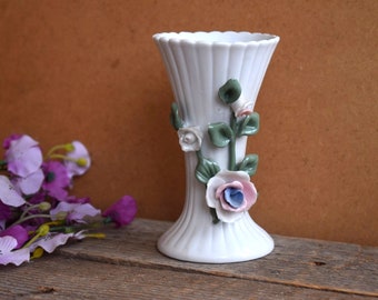 Vintage Italian Vase Roses Pottery Porcelain European Art Mid Century Italy Hand Painted Flower Design Cottage Chic Retro Ceramic Decoration