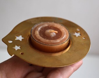Portavelas Vintage, portavelas de latón macizo, estrellas de corte, vacaciones de Navidad, portavelas de té, decoración Vintage para el hogar, MCM India