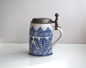 Vintage Glazed Ceramic Beer Stein Mug Colbalt Blue White West Germany Pewter Metal Lid Jug Hand Painted European MCM Pottery