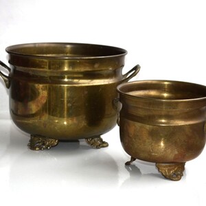 Set of 2 Vintage Brass Planter Plant Indoor Container Rustic Footed Pot Gold Compote Dish Flower Holder Jardiniere Vase Home Garden Decor