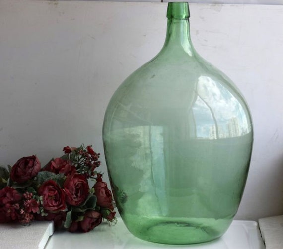 30 Liters Vintage XL Large Glass Wine Bottle Demijohn Mouthblown Floor Vase  French Pottery Storage Farmhouse Kitchen Home Decor Primitive 