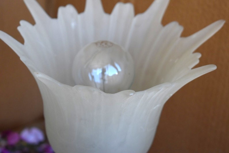 May include: White frosted glass lampshade with a spiky, flower-like design. A light bulb is visible inside the shade.