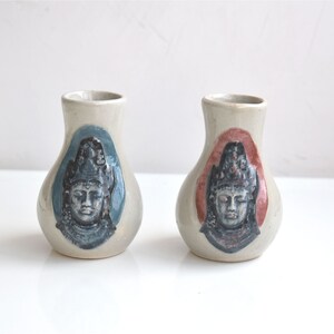 Vintage 4&quot; Set of 2 Glazed Ceramic Vase Keramik Yahan Agung Malang Indonesia Pottery Hand Painted MCM Asian Mid Century Modern Art