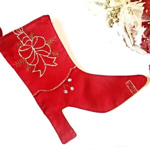 Christmas Stocking Red Fabric Boots Wall Decor Embroidery Decoration Santa Claus Shoe Satin Silver Gold Holiday Rustic Home Gift Booties