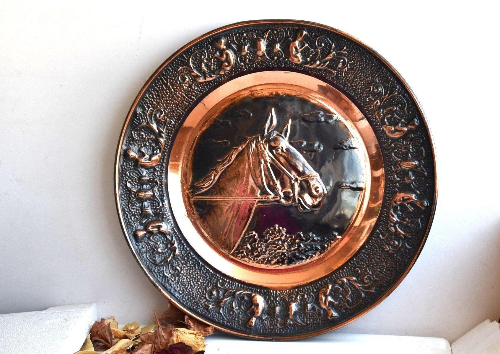 Vintage Large Copper Horse Plate Wall Hanging Decor Relief Etsy