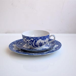 Vintage Nippon Tokusei Japanese Blue White Eggshell Bone China Porcelain Cup  Saucer Tea Trio Set Japan Cherry Blossom Asian Pottery