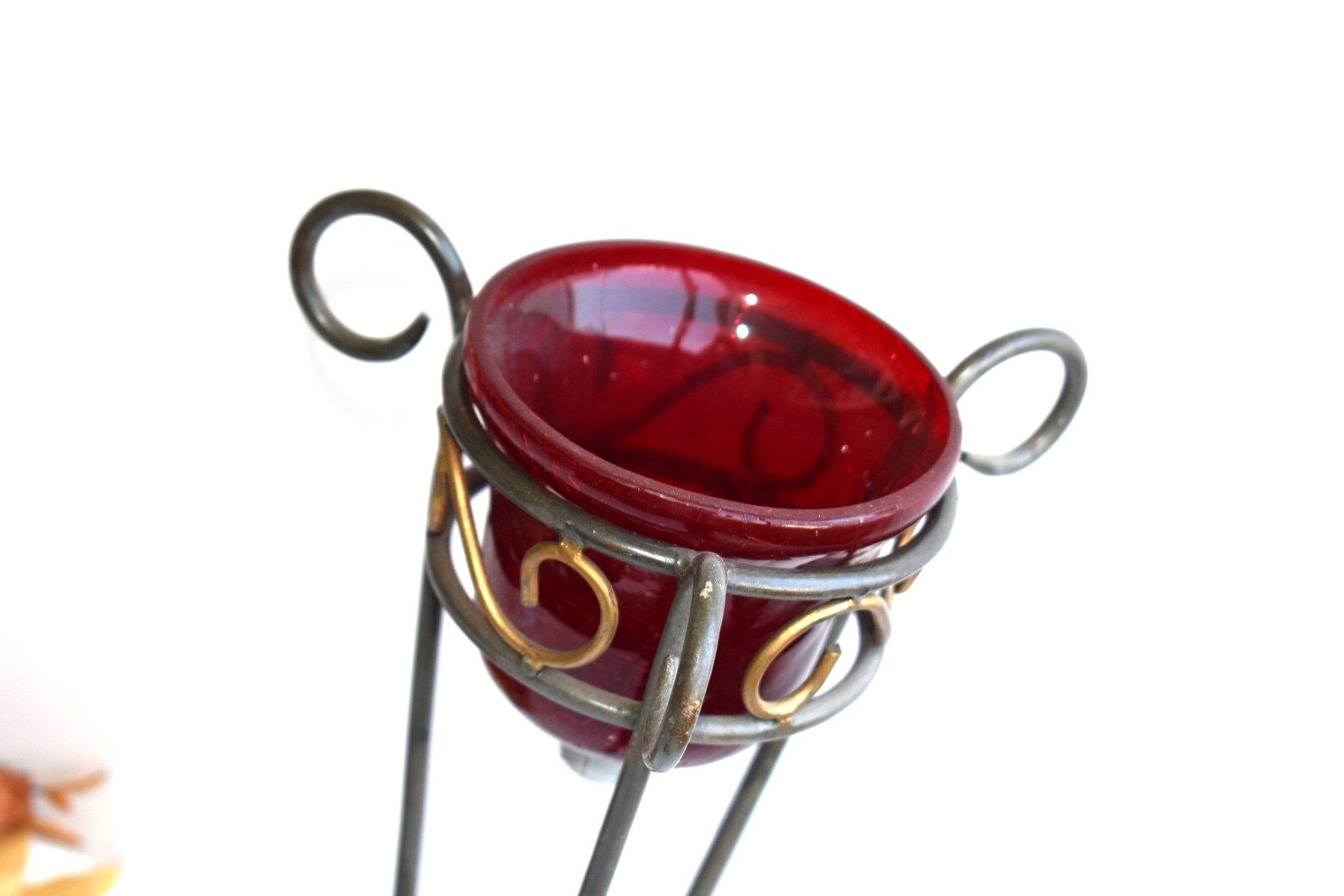 Vintage Solid Metal Tea Light Holder Red Glass Cup West Etsy