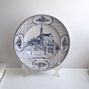 Vintage 12&quot; Ceramic Wall Hanging Plate White Blue Hand Painted European Germany Pottery Home Cottage Core Rustic Farmhouse Art