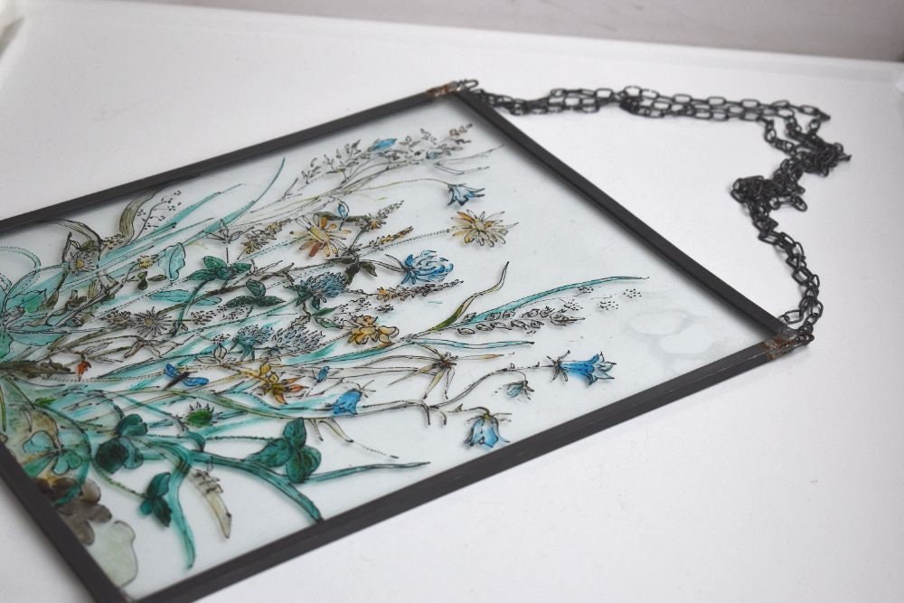 Vintage Stained Glass Wall Hanging Decor Hand Painted Blue Etsy