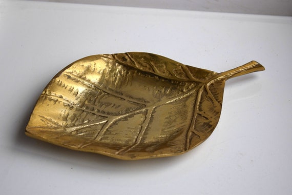 Vintage 12" Brass Leaf Fruit Bowl Plate Jewelry G… - image 1