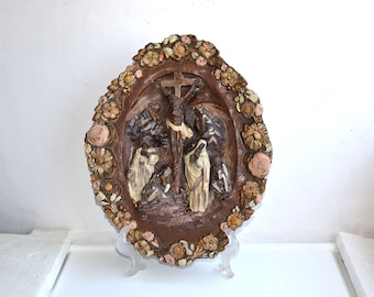 Antique 14" Calvary Crucifixion Scene Crucifix 3D Plaster Wall Hanging Old Cross Jesus Christ INRI Catholic Spiritual Art Religious Decor