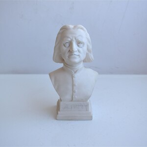Può includere: Busto in gesso bianco di un uomo con un'espressione seria. Il busto è su una base bianca con la parola "LISZT" incisa su di essa.
