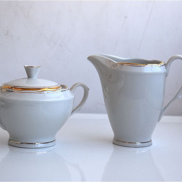 Vintage Set of 2 Cmielow White Porcelain Gold Rim Creamer Sugar Bowl Tea Coffee Set MCM Pottery Poland European Kitchenware