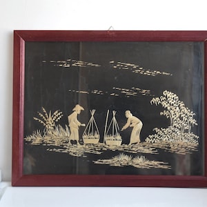 Vintage Bamboo Straw Art Picture Black Background Red Frame Boat Asian Scenery Picture Wall Hanging Art MCM Mid Century Modern Home Decor