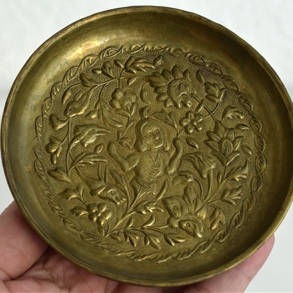Vintage Brass Jewelry Ashtray Relief Trinket Ring Dish Bowl Plate Tray Offering Altar Piece Coin Catcher Pin Dish Bird MCM Indian Art