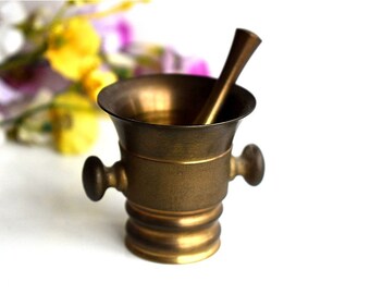 Vintage Bronze Mortar Pestle Pharmacy Apothecary Solid Brass Medicine Herbs Spices West German Home Decor Medicine Doctors Office Gift Art