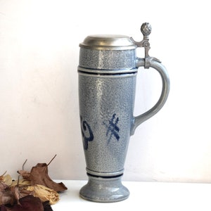 Vintage Stoneware Beer Stein Mug Pewter Lid Salt Glazed Ceramic Gray Blue Large Jug European Mid Century Art Porcelain Home Decor Pottery