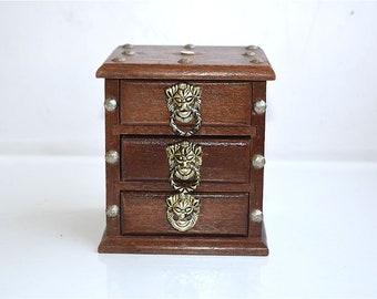 Vintage Wooden Treasure Chest of Drawers Brass Fittings Dresser Cabinet Jewelry Box Storage MCM Trinket Box Rustic Doll House Furniture