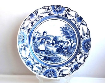 Vintage Ceramic Wall Plate Porcelain White Blue Hand Painted Mid Century West Germany Pottery Home Decor Family Gift Willow Pattern Hanging