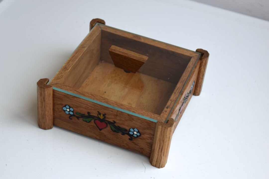Vintage Brown Wood Wooden Hand Painted Square Box Glass Lid Jewelry