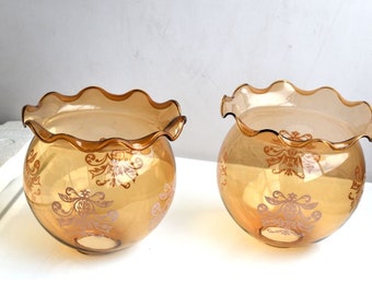 Vintage Pair Amber Orange Glass Lamp Shade Lighting Light Globe Ball Lampshade Embossed Fixture European Mid Century Modern Art MCM Decor